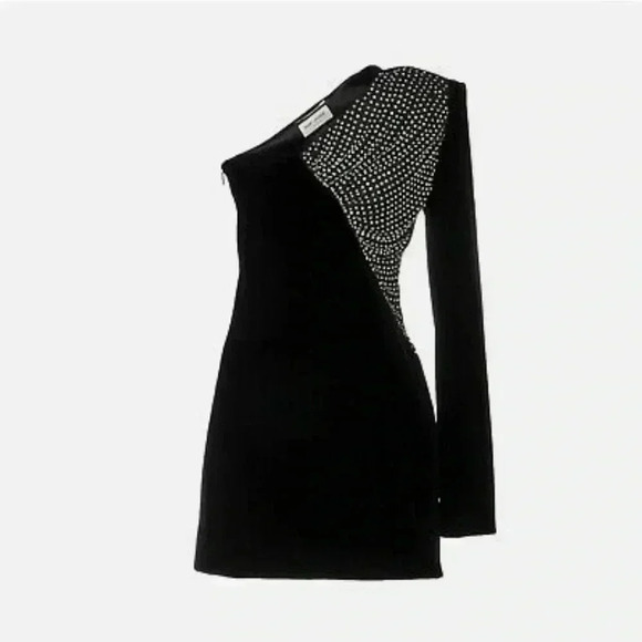 Saint Laurent SZ XS Black One Shoulder Asymmetrical mini Velvet Dress - Picture 4 of 11
